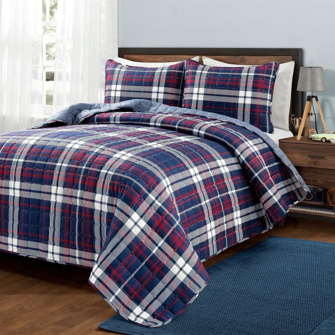 Full/Queen Farmhouse Plaid 3 Piece Lightweight Reversible Quilt Set-2