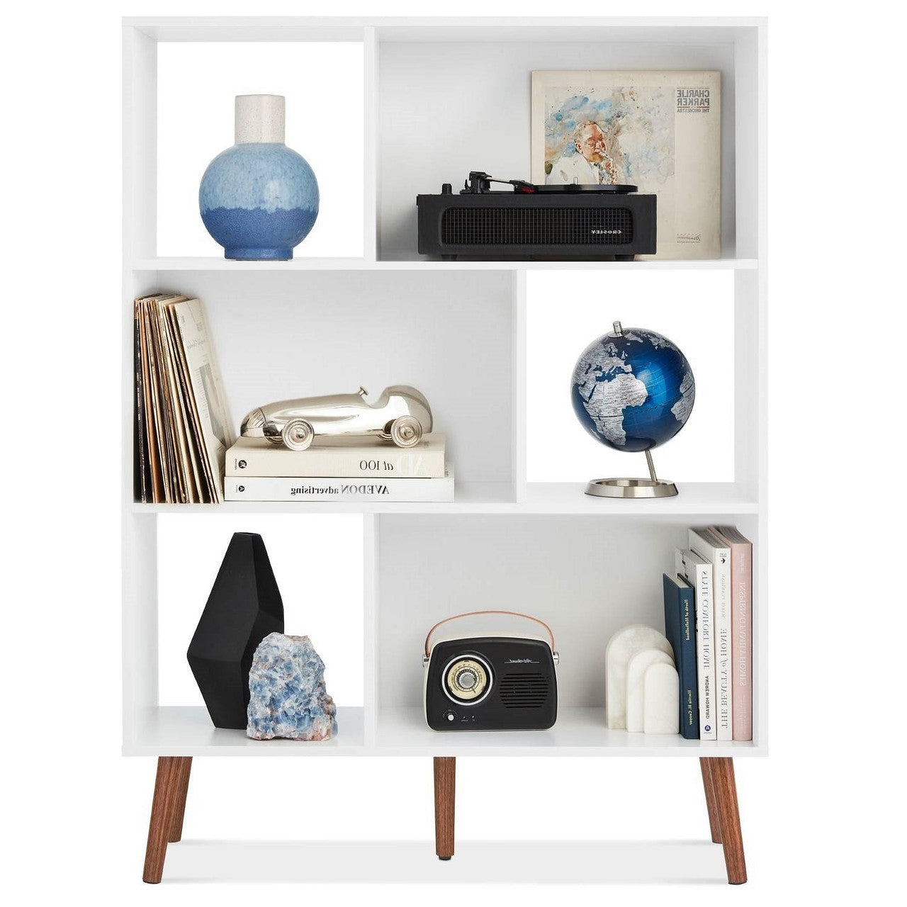 Mid Century Modern Style Bookcase Storage Shelving Unit in White Wood Finish-1