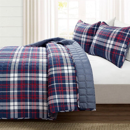 Full/Queen Farmhouse Plaid 3 Piece Lightweight Reversible Quilt Set-0