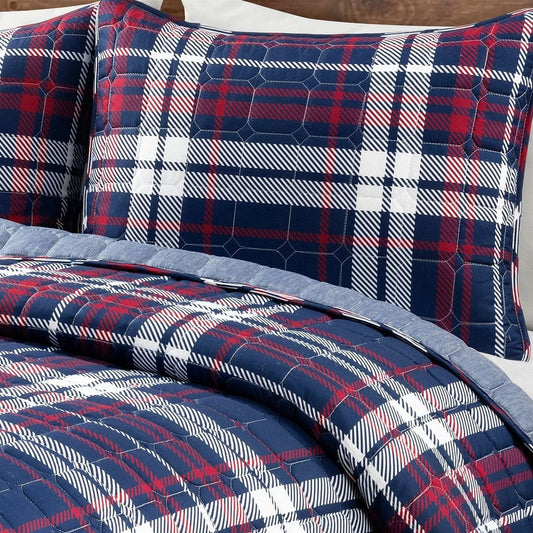 Full/Queen Farmhouse Plaid 3 Piece Lightweight Reversible Quilt Set-1