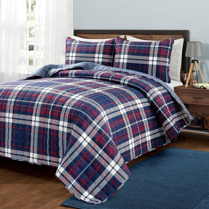 Full/Queen Farmhouse Plaid 3 Piece Lightweight Reversible Quilt Set-2