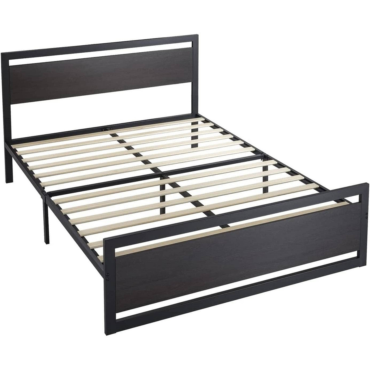 Queen Black Metal Platform Bed Frame with Wood Panel Headboard and Footboard-0