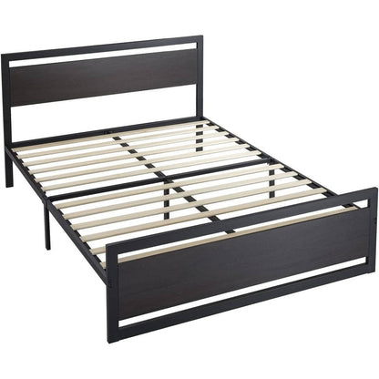 Queen Black Metal Platform Bed Frame with Wood Panel Headboard and Footboard-0