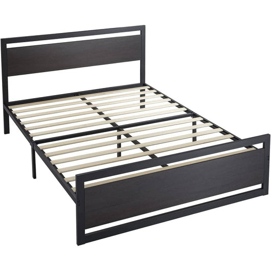 Queen Black Metal Platform Bed Frame with Wood Panel Headboard and Footboard-0