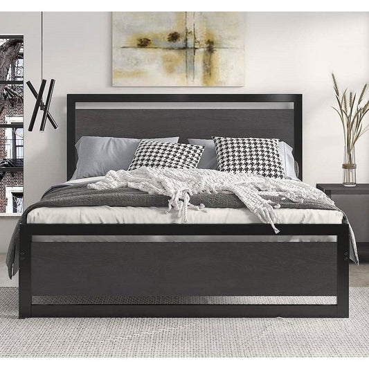 Queen Black Metal Platform Bed Frame with Wood Panel Headboard and Footboard-1