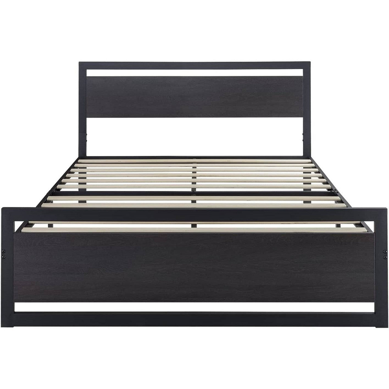 Queen Black Metal Platform Bed Frame with Wood Panel Headboard and Footboard-2