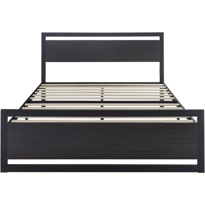 Queen Black Metal Platform Bed Frame with Wood Panel Headboard and Footboard-2