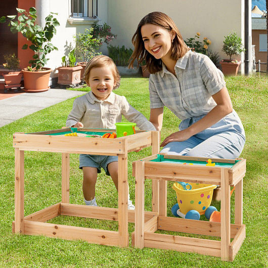 Wooden Sand and Water Tables with Protective Cover for Kids-Natural-1