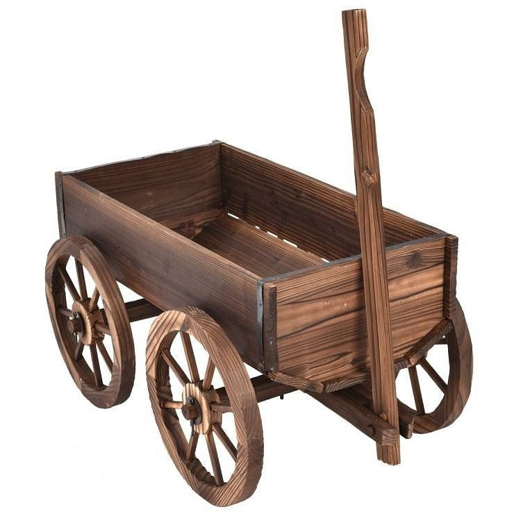 Outdoor Garden Fir Wood Barrel Planter Wagon on Wooden Wheels-0