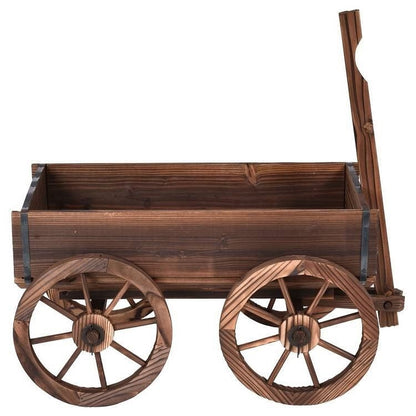 Outdoor Garden Fir Wood Barrel Planter Wagon on Wooden Wheels-1
