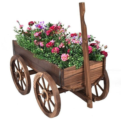 Outdoor Garden Fir Wood Barrel Planter Wagon on Wooden Wheels-2