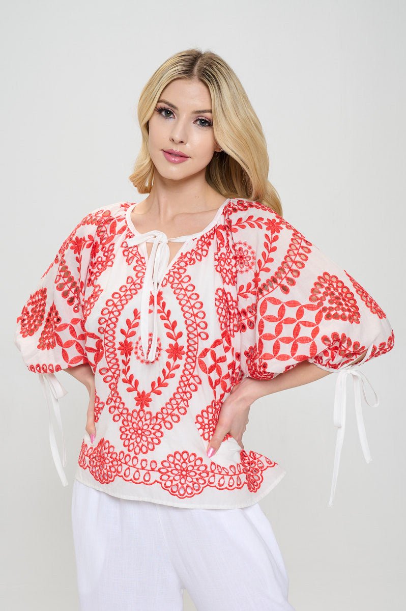 Embroidered Cotton V neck Half Puff Sleeve Top with Tie - OMBA M&M COLLECTION LLC