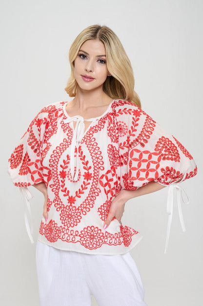 Embroidered Cotton V neck Half Puff Sleeve Top with Tie - OMBA M&M COLLECTION LLC