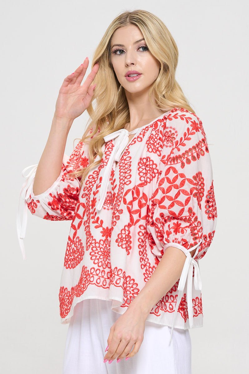 Embroidered Cotton V neck Half Puff Sleeve Top with Tie - OMBA M&M COLLECTION LLC