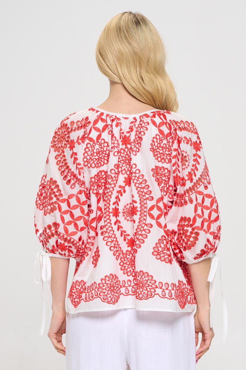 Embroidered Cotton V neck Half Puff Sleeve Top with Tie - OMBA M&M COLLECTION LLC