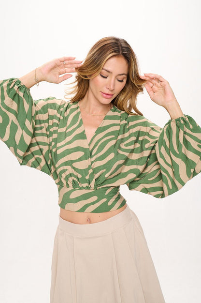Print V neck Crop Top w Smock Detail - OMBA M&M COLLECTION LLC