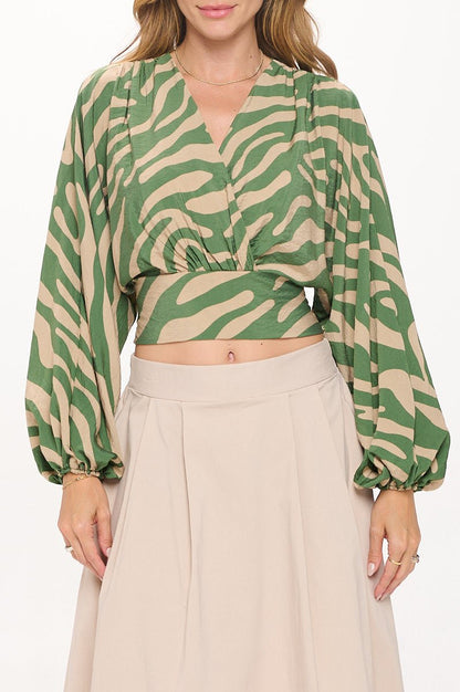 Print V neck Crop Top w Smock Detail - OMBA M&M COLLECTION LLC