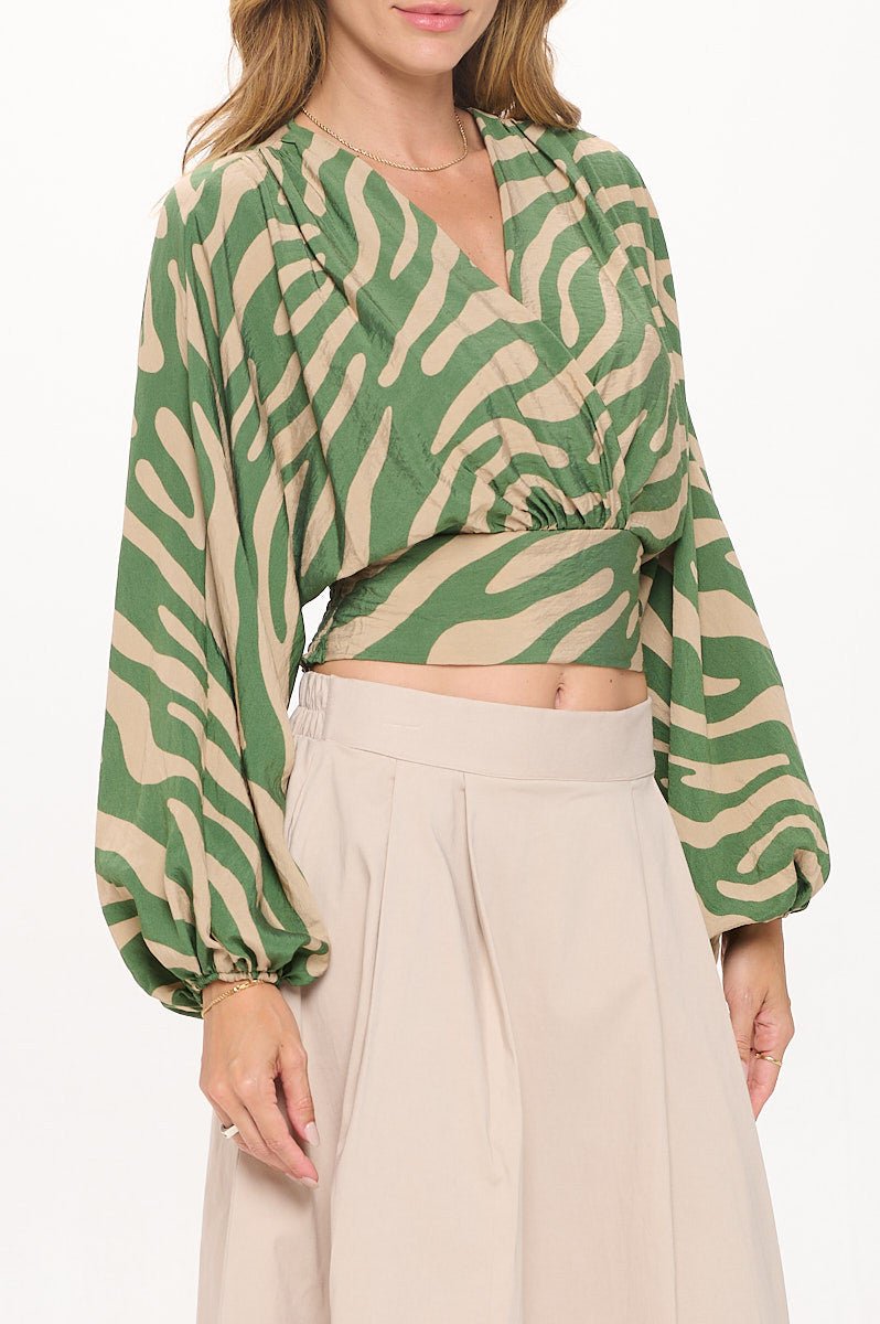 Print V neck Crop Top w Smock Detail - OMBA M&M COLLECTION LLC