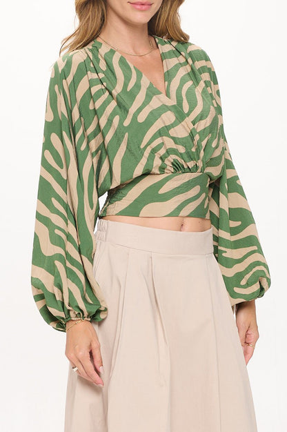 Print V neck Crop Top w Smock Detail - OMBA M&M COLLECTION LLC