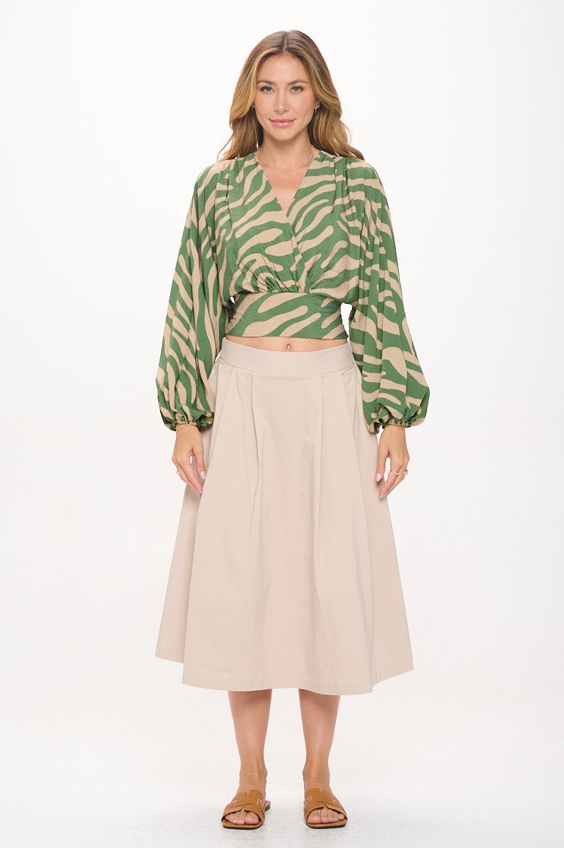 Print V neck Crop Top w Smock Detail - OMBA M&M COLLECTION LLC