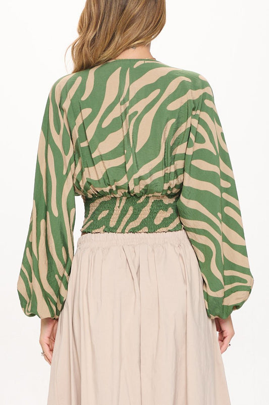 Print V neck Crop Top w Smock Detail - OMBA M&M COLLECTION LLC