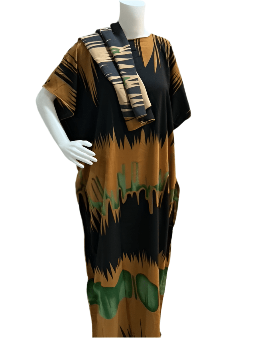 Women’s fashion print long dresses with scarf headbands ,dera - OMBA M&M COLLECTION LLC