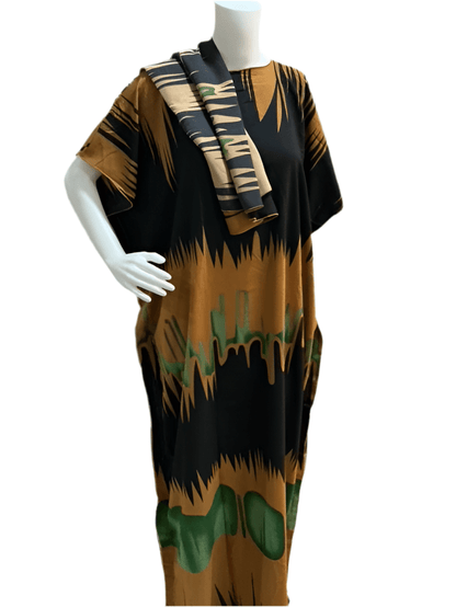 Women’s fashion print long dresses with scarf headbands ,dera - OMBA M&M COLLECTION LLC