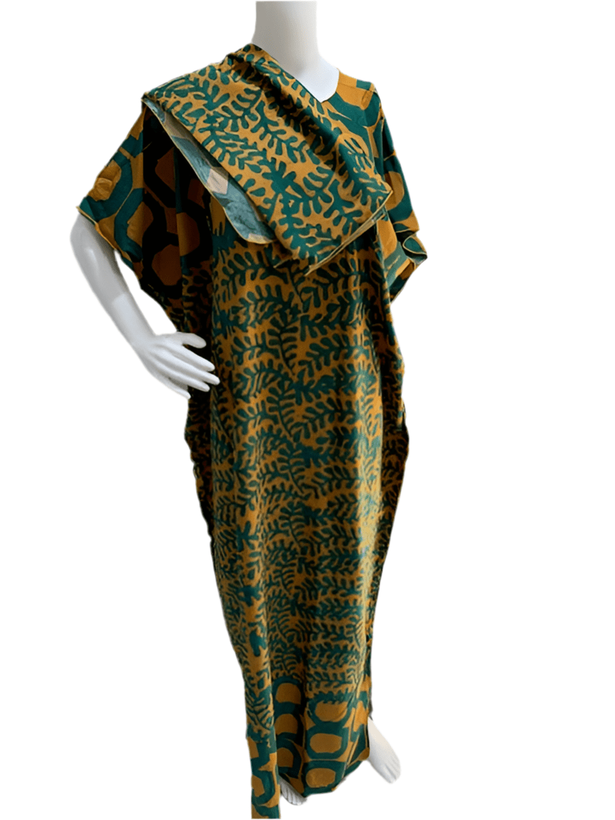 Women’s fashion print long dresses with scarf headbands ,dera - OMBA M&M COLLECTION LLC