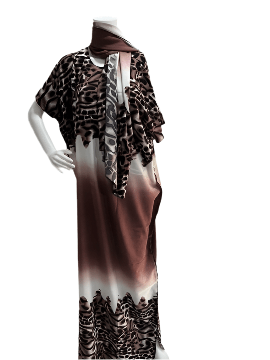 Women’s fashion print long dresses with scarf headbands ,dera - OMBA M&M COLLECTION LLC