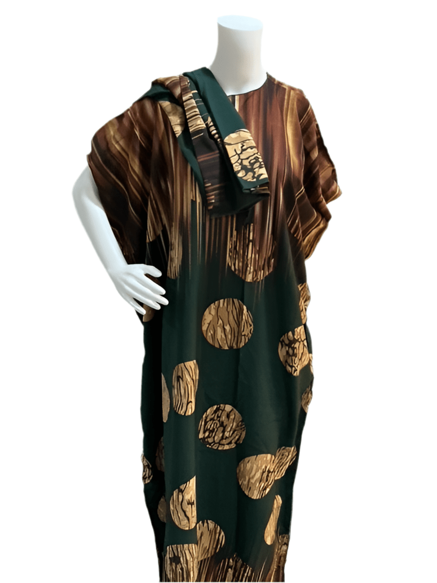 Women’s fashion print long dresses with scarf headbands ,dera - OMBA M&M COLLECTION LLC