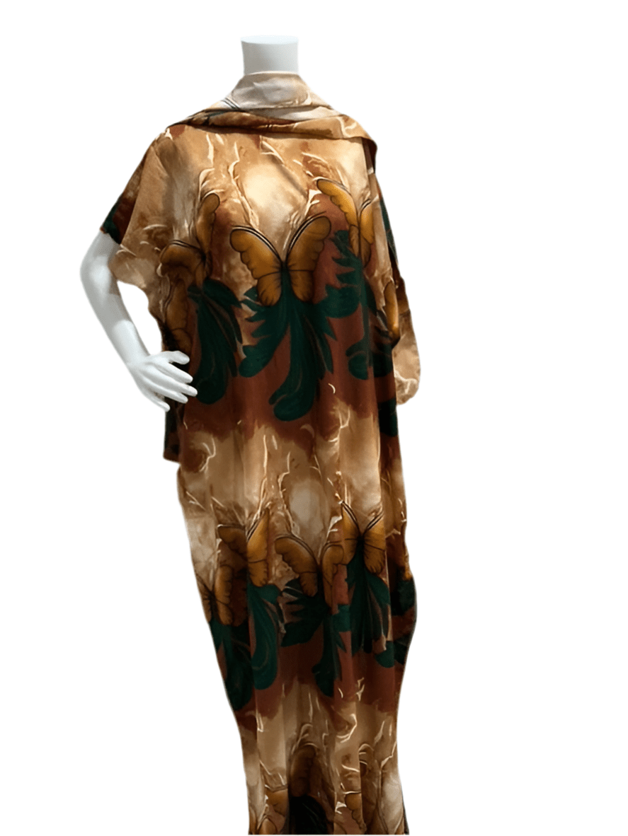 Women’s fashion print long dresses with scarf headbands ,dera - OMBA M&M COLLECTION LLC